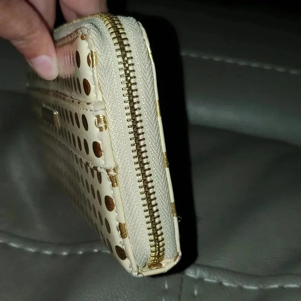 ANNE KLEIN Zip Around Wallet Cream & Gold Patent Polka Dot - Picture 8 of 11